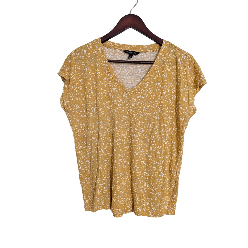 Banana Republic Mustard Yellow Floral Linen Blend V-Neck Cap Sleeve Top Petite M